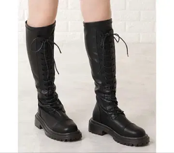 블랙 레이스업 롱 부츠