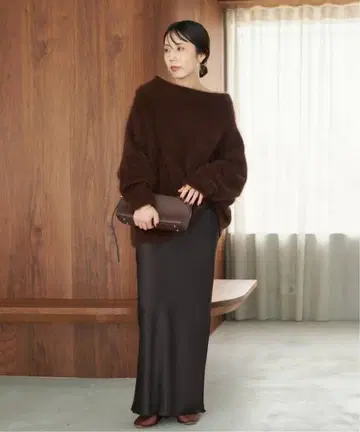 새상품 Plage 플라주 퍼 오프 넥 니트 브라운