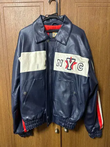 NYC U.S.A. 가죽 바시티 자켓 네이비