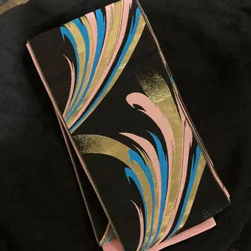 미사용 반폭 오비 블랙 베이스 파도 무늬