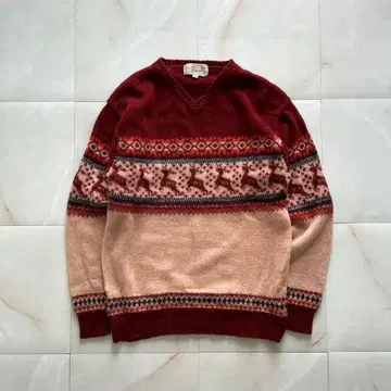 울 100% 루돌프 무늬 페어아일 V넥 니트 레트로 구제 의류