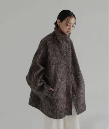 샤기 스탠드 칼라 코트 샤기 코트 브라운 hellam