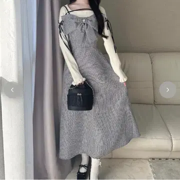 시마무라 nako 콜라보 트위드 패턴 리본 원피스 겨울 의류