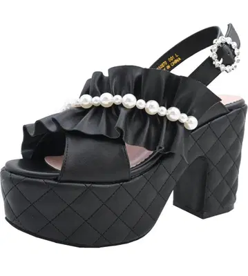 프릴 장식 펄 장식 블랙 샌들 L 24.0-24.5cm