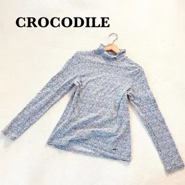 크로커다일 하이넥 티셔츠 M 꽃무늬 올 패턴 면 혼방 블루 계열