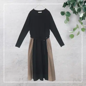 [안데뮤] 사이드 배색 니트 원피스(F) 니트 벨트 포함 블랙 롱