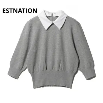 ESTNATION 2WAY 카라 부착 하프 슬리브 니트 완판템