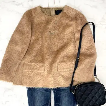 컨디션 최상 드로어 알파카 실크 퍼 니트 A라인 카멜 38