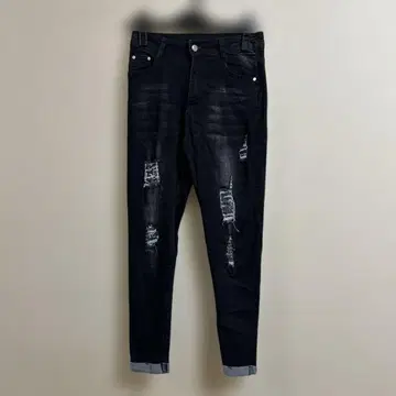 데미지 가공 블랙 데님 팬츠