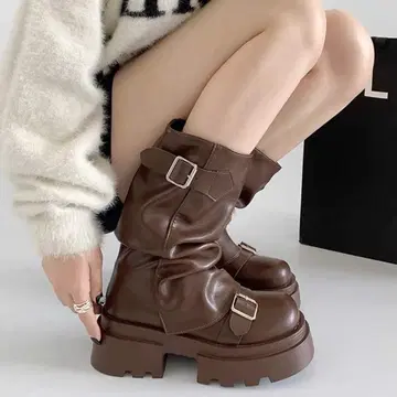 sibra 커버 미들 부츠 통굽 브라운