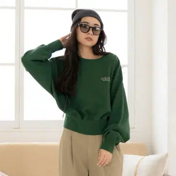 ungrid 로고 자수 숏 맨투맨 그린