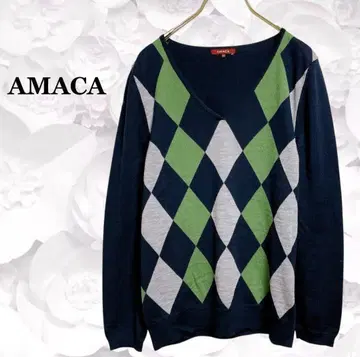 [ 아마카 ] 니트 스웨터 [ M ] 네이비 V넥 아가일 캐주얼