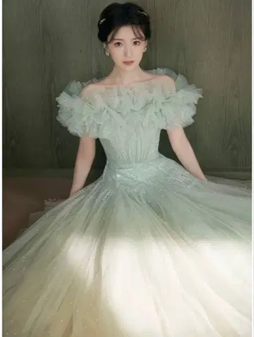 민트 그린 오프숄더 롱 드레스