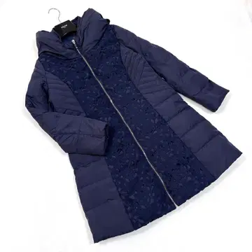 [ SHIKISHA ] 다운 코트 롱 네이비 레이스 퀼팅 플레어