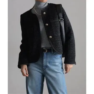 라메 트위드 노카라 자켓