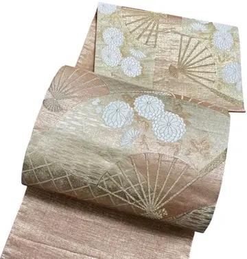 A 194 후쿠로 오비 큰북 금사 문양 부채 문양 국화 순수 실크 기모노