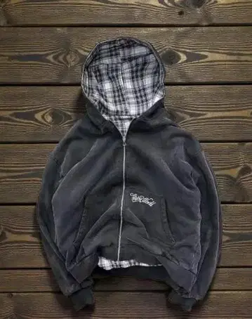 Y2K 그레이 체크 무늬 안감 후드 부착 후드티