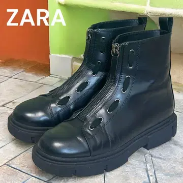 새상품급 ZARA 프론트 지퍼 레이스업 통굽 부츠 블랙 27cm