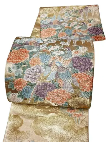 A26 후쿠로 오비 새상품급 [부귀화조] 금실 당직 기모노 순수 실크