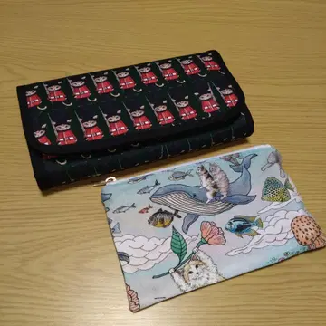 고양이 패턴 가계부 장지갑 핸드메이드 동화 나라의 고양이와 친구들 파우치