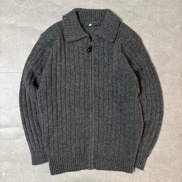 [울 100%] 리브 니트 집업 스웨터 그레이 L 빈티지