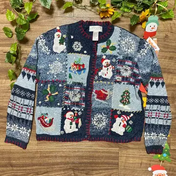 레어 ANNEX 크리스마스 눈사람 선물 패턴 니트 가디건 빈티지