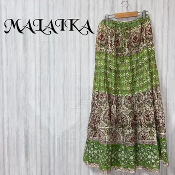 [ 마라이카 ] 롱 스커트 맥시 길이 에스닉 그린 허리밴딩 끈