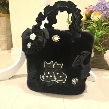 블랙 퍼 토트백 리본 장식 고양이 프릴