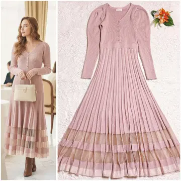 새상품급/에이미 이스트 월 시어 컬러 블록 플리츠 니트 원피스 핑크