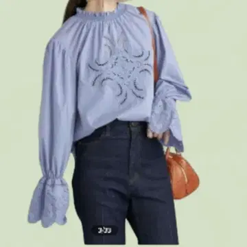 컨디션 최상 쉽스 레이스 블라우스 펄 버튼 블루 멋진 블라우스