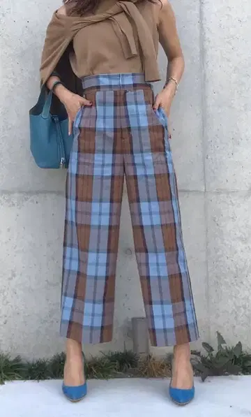 브라운 블루 체크 무늬 와이드 팬츠