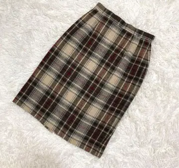 울 혼방 베이지 체크 타이트 스커트