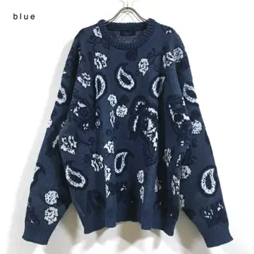 새상품 페이즐리 무늬 빅 실루엣 니트 스웨터 남성용 블루 L