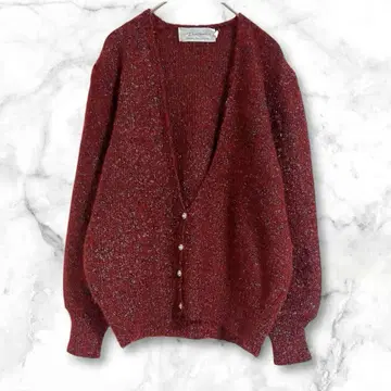 빨간색 라메 믹스 긴팔 가디건 울 혼방 Free 심플 무지 겉옷