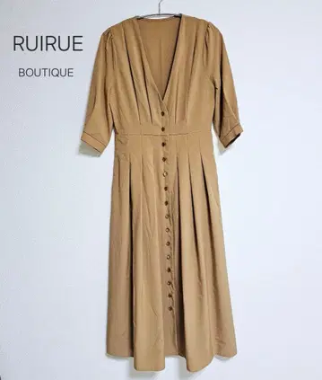 RUIRUE BOUTIQUE 칠부 소매 베이지 롱 V넥 원피스