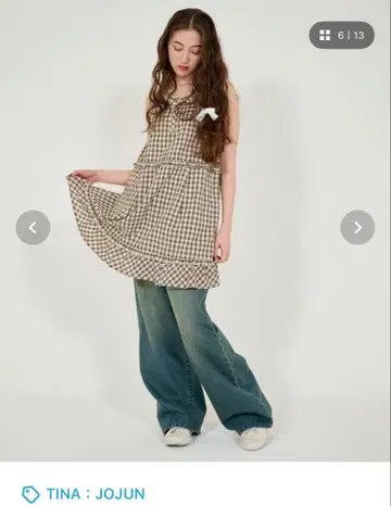 TINA: JOJUN 밑단 프릴 슬리브리스 체크 원피스