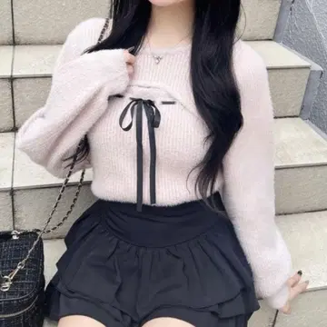 INGNI 페더 리브 데콜테 오픈 리본 니트 핑크 상의