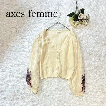 axes femme 가디건 꽃 자수 튤소매 아이보리