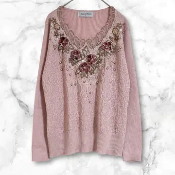 핑크 꽃무늬 비즈 V넥 긴팔 니트 얇은 소재 스웨터 Free 아크릴 혼방