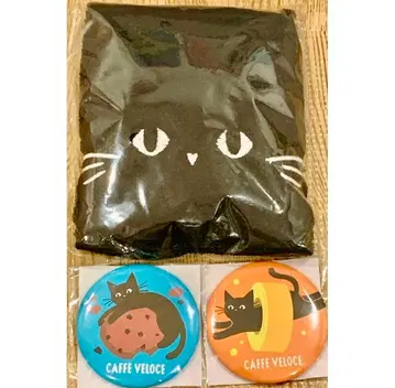 미사용 새상품 CAFFE VELOCE 블랙 고양이 핸드 타월 캔뱃지 3점