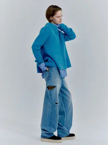 새상품 Mila Owen 컷 아웃 데미지 세미 와이드 데님