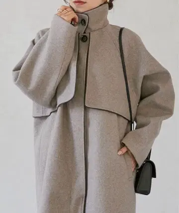 Thevon 페이크 울 파이핑 스탠드 카라 코트