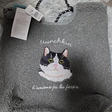 고양이 자수 플리스 토트백