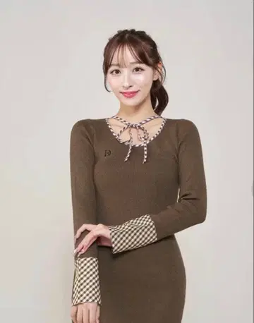 Darich 체크 리본 니트 미니 원피스