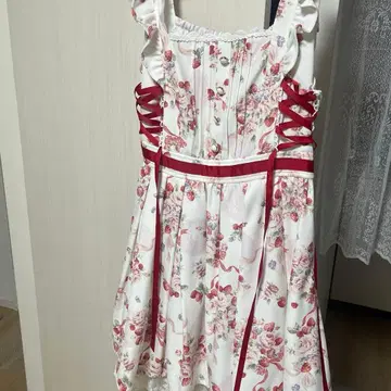 새상품급 딸기 로즈 부케 레이스업 리본 프릴 원피스