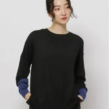 캐시미어 혼방 배색 니트 풀오버 블랙/블루 긴팔 니트 M