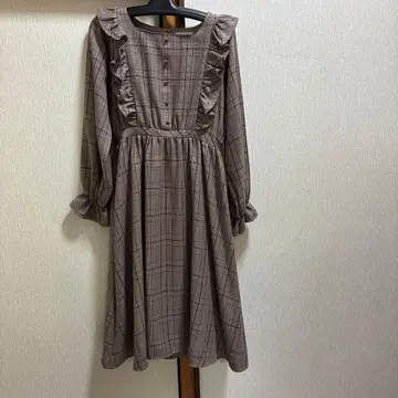 시마무라 아오키 미사코 콜라보 브라운 계열 체크 프릴 원피스