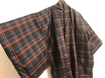체크 무늬 기모노 겉옷 세트 블랙 베이스 빨파 라인 타탄 체크
