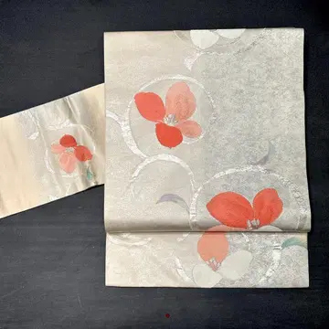 나고야 오비 실버 화이트 니시진 비단 순수 실크 중고 꽃 so197