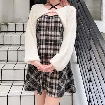 NOMAE 샤기 볼레로 미니 체크 원피스 베이지